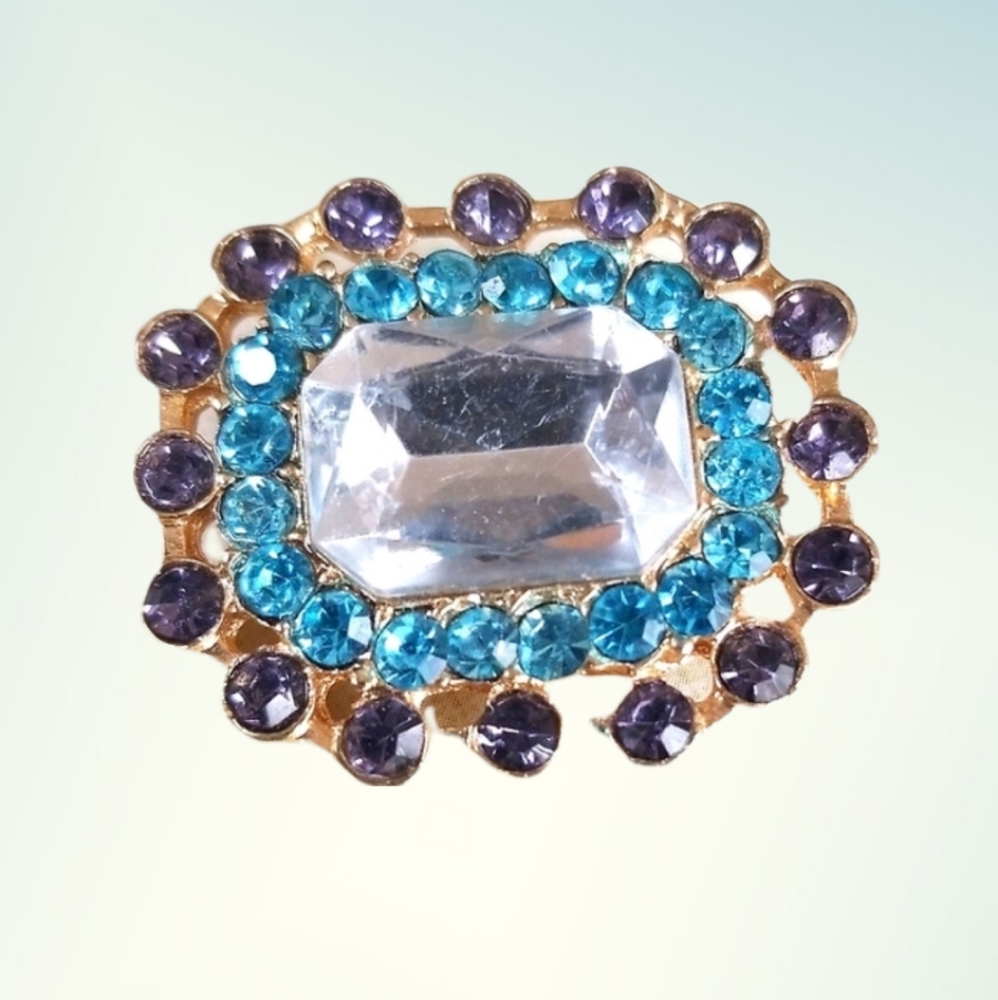 Vintage Dainty Mid Century Aqua and Purple Rhinestone Brooch Pin